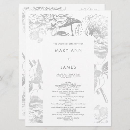 Trouwprogramma Modern Eenvoudig Bloemen Zilver Programmakaart (Voorkant / Achterkant)