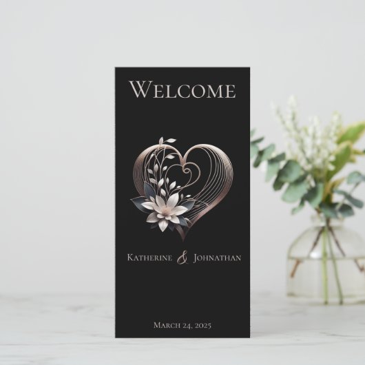 Trouwprogramma-Modern roze hart met bloemen (Staand voorkant)