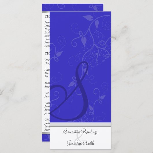 Trouwprogramma - Monogram Royal Blue Floral Programmakaart (Voorkant / Achterkant)