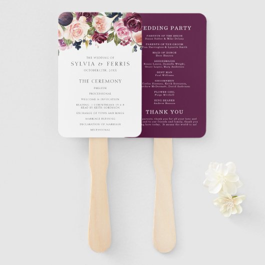 Trouwprogramma Moody Plum Floral en Vijg Handwaaier (Voorkant en achterkant)