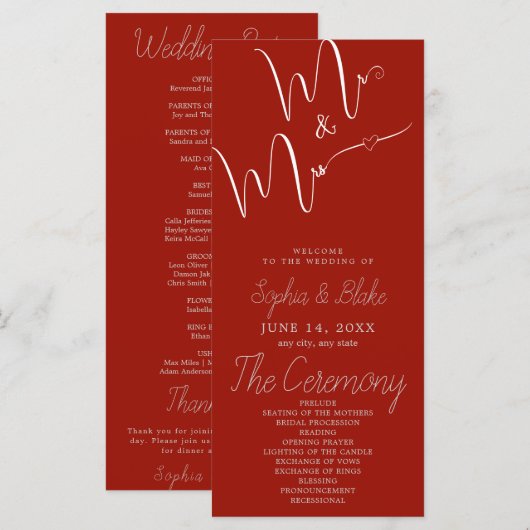 Trouwprogramma 'Mr & Mrs Minimalist Cherry Red' (Voorkant / Achterkant)