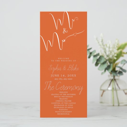Trouwprogramma 'Mr & Mrs Minimalist Fire Orange' (Staand voorkant)