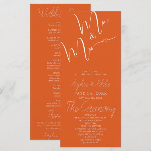 Trouwprogramma 'Mr & Mrs Minimalist Fire Orange' (Voorkant / Achterkant)