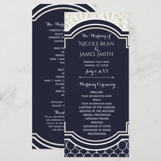 Trouwprogramma Nautisch Elegant Navy Wit Strand Programmakaart (Voorkant / Achterkant)