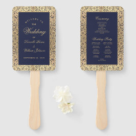 Trouwprogramma Navy Blauw Gouden Rozen Vintage Handwaaier