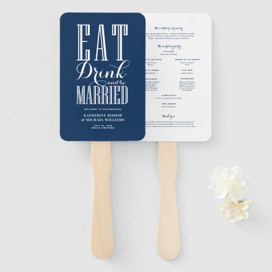 Trouwprogramma 'Navy Blue Eat Drink and Be Married Handwaaier (Voorkant en achterkant)