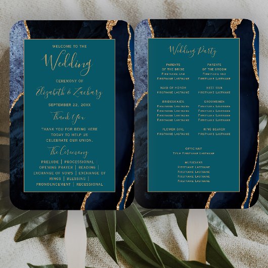 Trouwprogramma Navy Blue Goud Agate Teal Handwaaier
