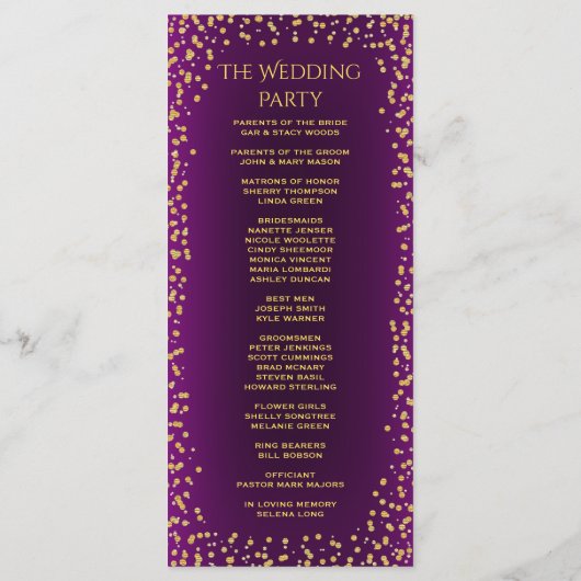 Trouwprogramma | Paarse en gouden Confetti Programmakaart (Achterkant)