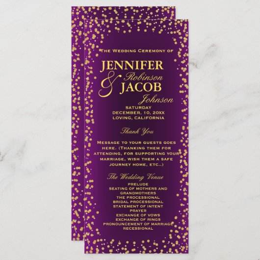 Trouwprogramma | Paarse en gouden Confetti Programmakaart (Voorkant / Achterkant)