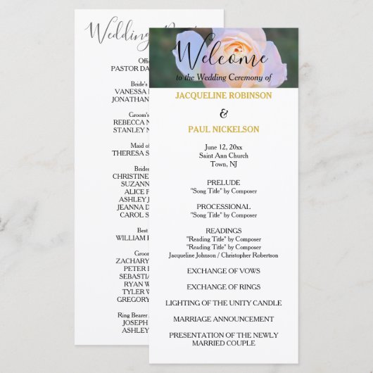 Trouwprogramma Pastel Roze Rozen Goud NAMEN Programmakaart (Voorkant / Achterkant)