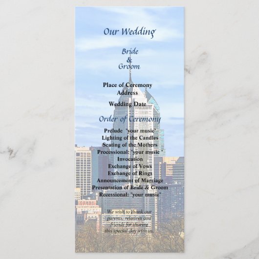 Trouwprogramma Philadelphia Pa Skyline II Programmakaart (Voorkant)