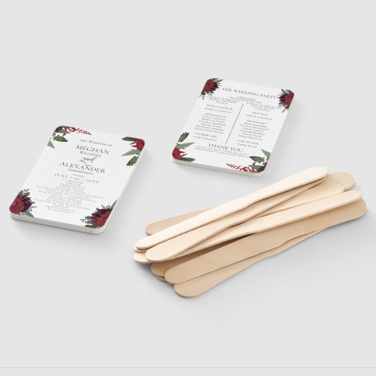 Trouwprogramma | Rich Burgundy Marsala Floral Handwaaier (Niet-gemonteerd)