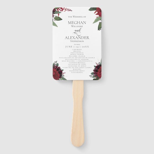 Trouwprogramma | Rich Burgundy Marsala Floral Handwaaier (Voorkant)