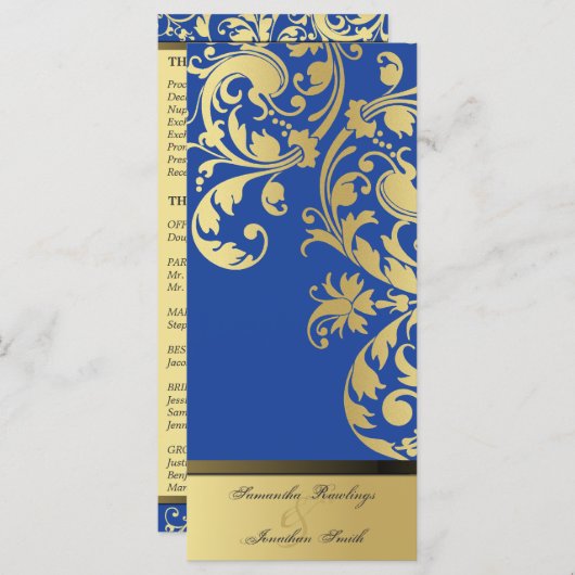 Trouwprogramma - Royal Blue & Gold Shimmer Bloemen Programmakaart (Voorkant / Achterkant)