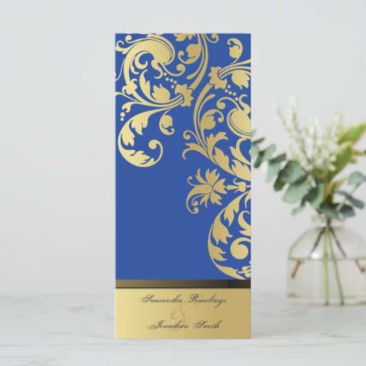 Trouwprogramma - Royal Blue & Gold Shimmer Bloemen Programmakaart (Staand voorkant)