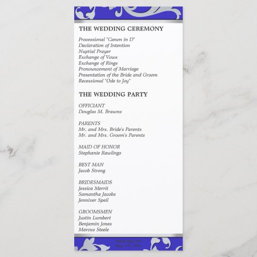 Trouwprogramma - Royal Blue Silver Sparkle Swirl Programmakaart (Achterkant)