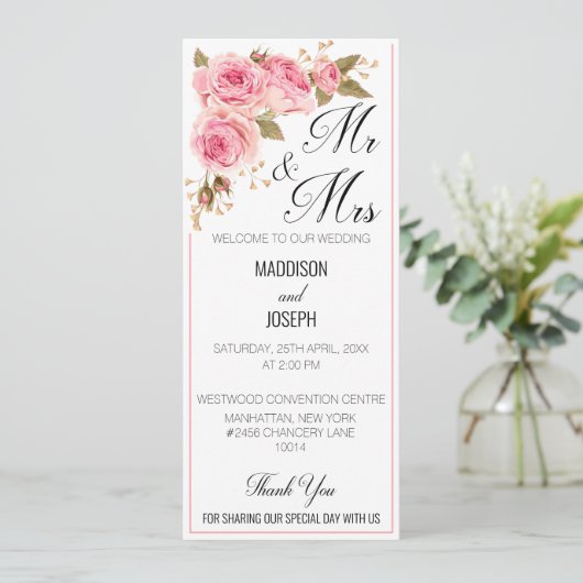 Trouwprogramma Roze Blush Kaart (Staand voorkant)