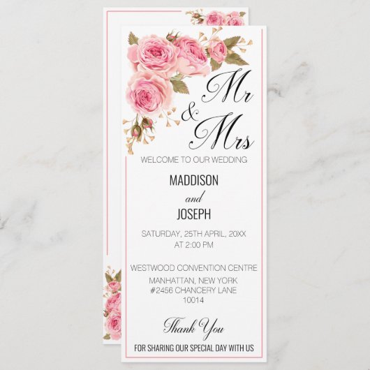 Trouwprogramma Roze Blush Kaart (Voorkant / Achterkant)