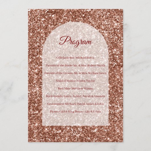 Trouwprogramma Roze Goud Ceremonie Gebogen Glitter Programmakaart (Voorkant)