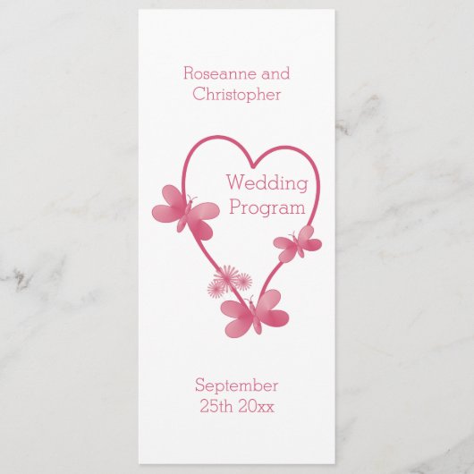 Trouwprogramma Roze Hart en Vlinders Programmakaart (Voorkant)