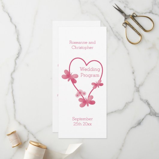 Trouwprogramma Roze Hart en Vlinders Programmakaart (Voorkant / Achterkant in situ)