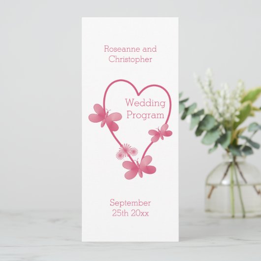 Trouwprogramma Roze Hart en Vlinders Programmakaart (Staand voorkant)