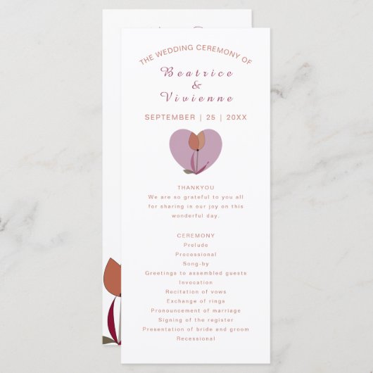 Trouwprogramma roze liefde hart bloem programmakaart (Voorkant / Achterkant)