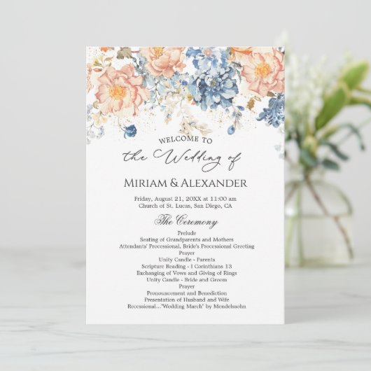 Trouwprogramma Roze Perzik Bloesem Blauw Kaart (Staand voorkant)