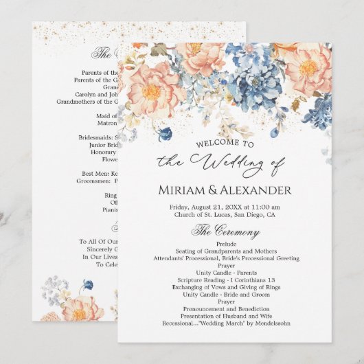 Trouwprogramma Roze Perzik Bloesem Blauw Kaart (Voorkant / Achterkant)