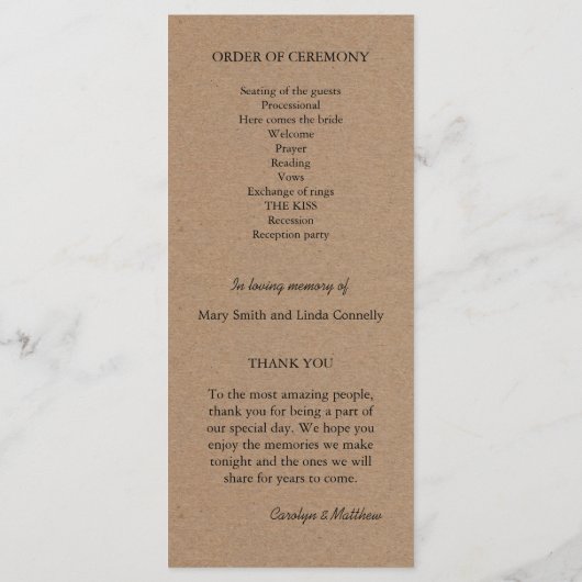 Trouwprogramma | rustiek kraftpapier programmakaart (Achterkant)