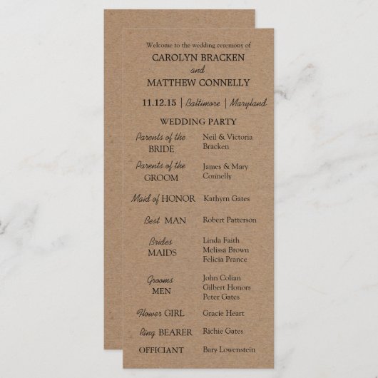 Trouwprogramma | rustiek kraftpapier programmakaart (Voorkant / Achterkant)