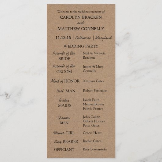 Trouwprogramma | rustiek kraftpapier programmakaart (Voorkant)
