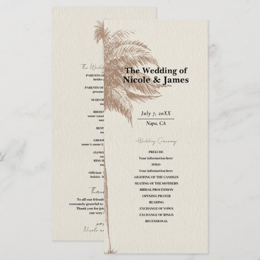 Trouwprogramma strand bruine palmboom vintage menu (Voorkant / Achterkant)