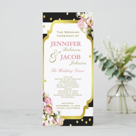 Trouwprogramma | Strepen, Rozen, gouden Confetti Programmakaart (Staand voorkant)