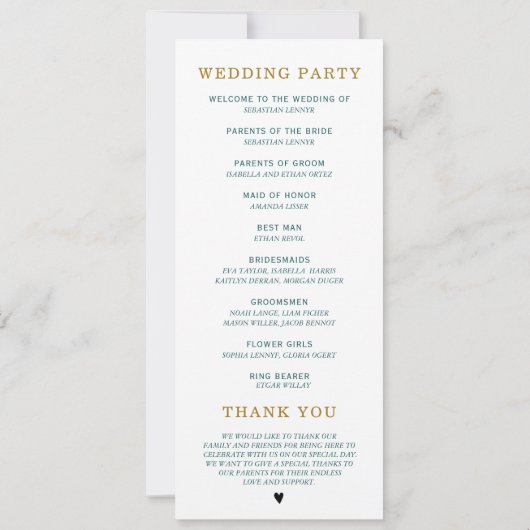 Trouwprogramma Teal en Goud Sjabloon Kaart (Achterkant)