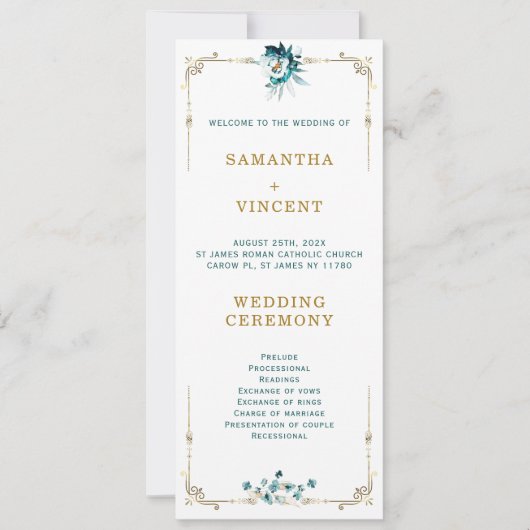 Trouwprogramma Teal en Goud Sjabloon Kaart (Voorkant)