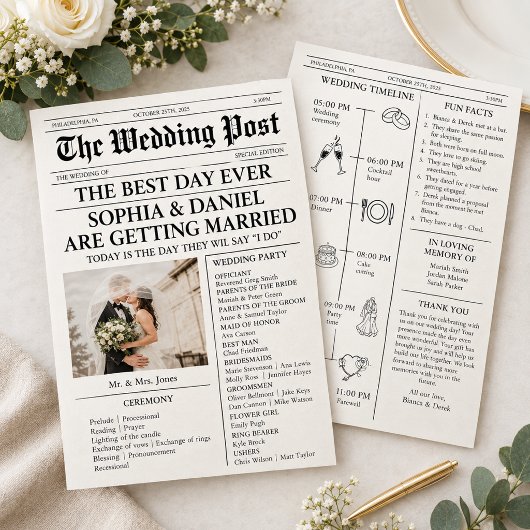 Trouwprogramma-tijdlijn-waaier in krantenstijl flyer