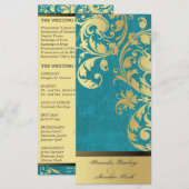 Trouwprogramma - Turquoise & Gouden Shimmer Bloeme Programmakaart (Voorkant / Achterkant)