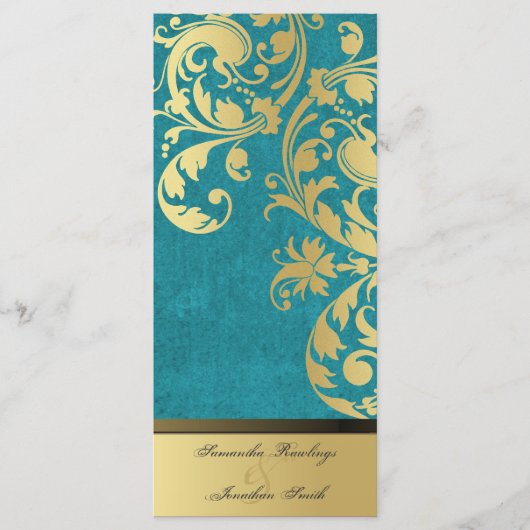 Trouwprogramma - Turquoise & Gouden Shimmer Bloeme Programmakaart (Voorkant)