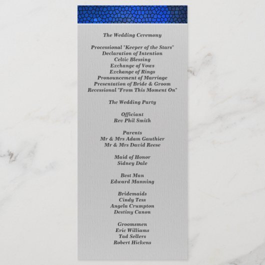 Trouwprogramma-uitnodiging met saffier gebrandschi programmakaart (Achterkant)