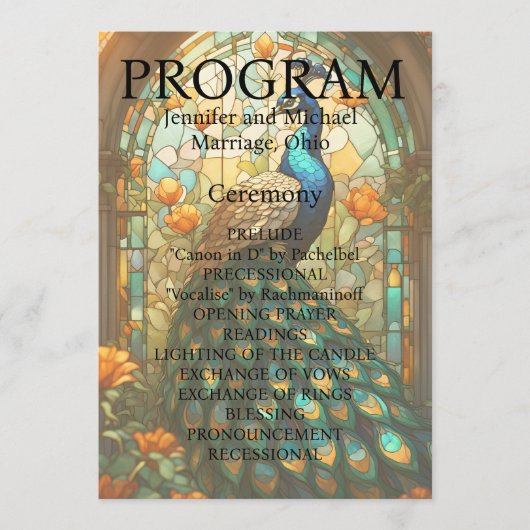 Trouwprogramma van glas-in-lood met pauw programmakaart (Voorkant)