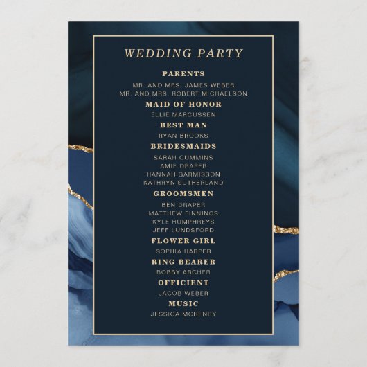 Trouwprogramma van Navy Blue Marmer Bruidsfeest Programmakaart (Achterkant)