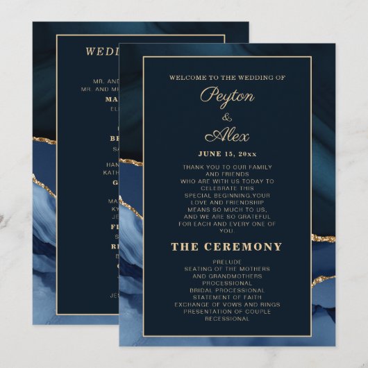 Trouwprogramma van Navy Blue Marmer Bruidsfeest Programmakaart (Voorkant / Achterkant)