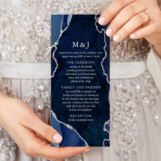 Trouwprogramma van Navy Marble & Zilveren Agate Reclamekaart