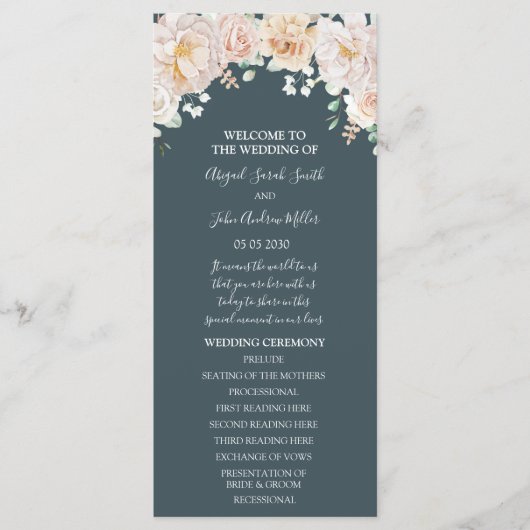 Trouwprogramma Vintage Bloemen Navyblauw Programmakaart (Voorkant)