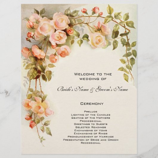 Trouwprogramma vintage, roze roos bloemen bloemstu (Voorkant)