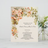 Trouwprogramma vintage, roze roos bloemen bloemstu (Staand voorkant)