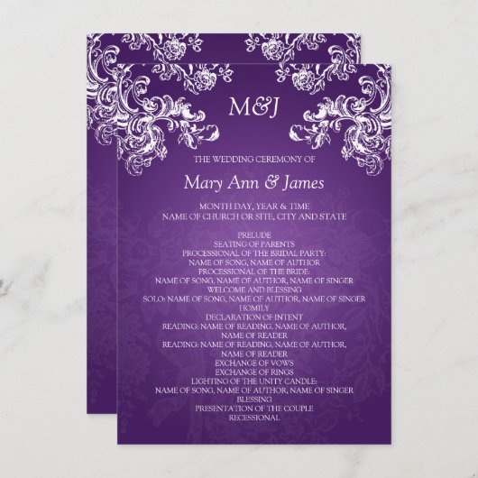 Trouwprogramma Vintage Swirls 2 Paars Kaart (Voorkant / Achterkant)