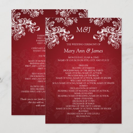 Trouwprogramma Vintage Swirls 2 Rood Kaart (Voorkant / Achterkant)