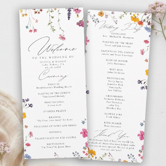 Trouwprogramma voor moderne elegante wilde bloemen